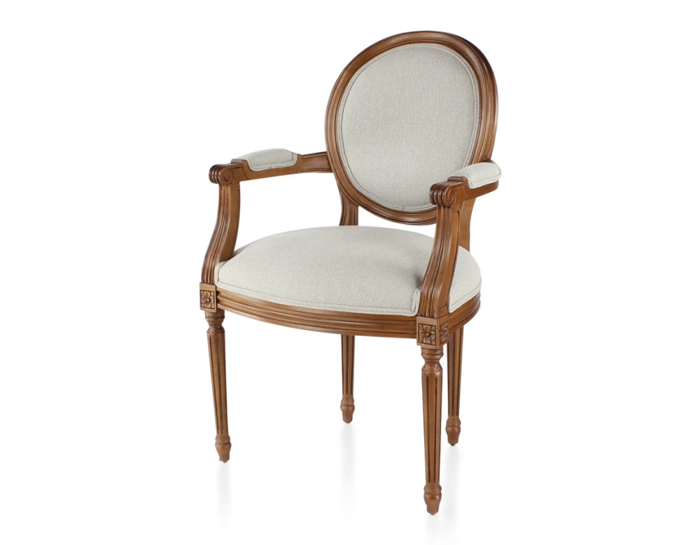Silla antigua estilo Luis XVI con reposabrazos madera con tinte envejecido y tejido beige natural