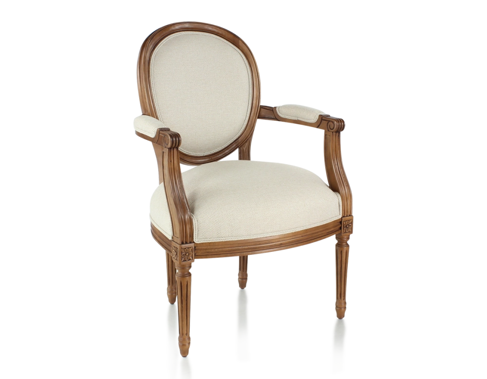 Fauteuil ancien style Louis XVI bois teinte ancienne et tissu chevron beige