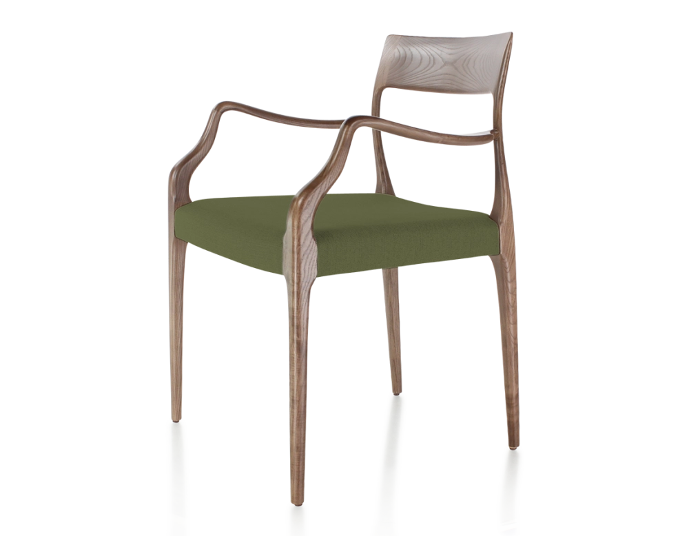 Chaise scandinave avec accoudoirs bois teinte marron foncé assise tissu vert olive