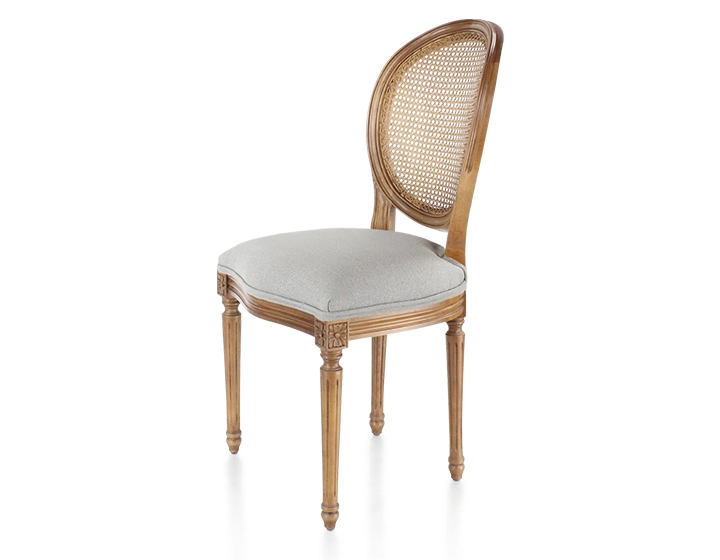 Silla antigua estilo Luis XVI madera tinte envejecido respaldo de rejilla asiento tejido gris claro