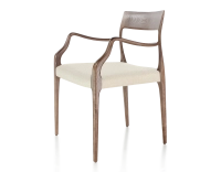 Chaise scandinave avec accoudoirs bois teinte marron foncé assise tissu chevron beige