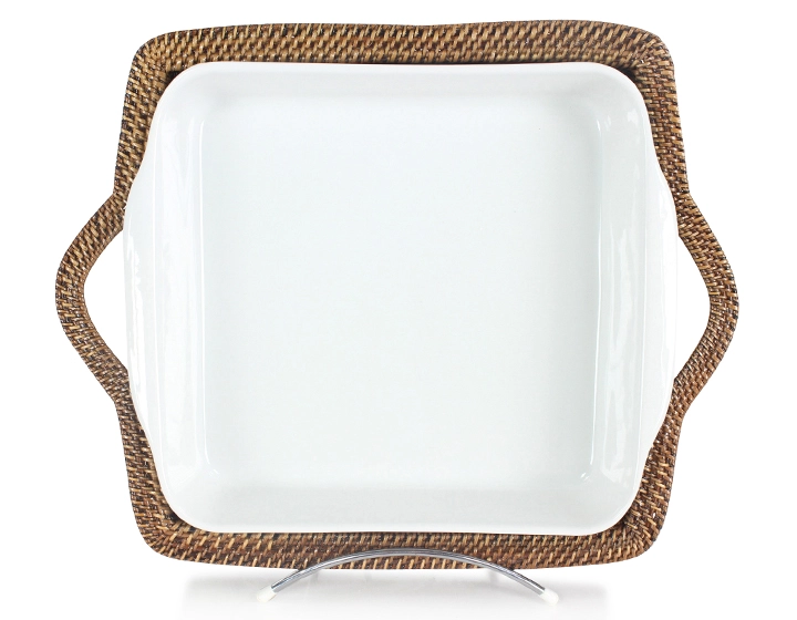 Plato de porcelana cuadrado con soporte de flor de ratán modelo grande