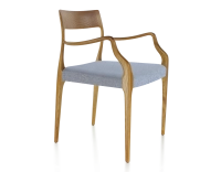 Chaise scandinave avec accoudoirs bois teinte merisier assise tissu chevron bleu