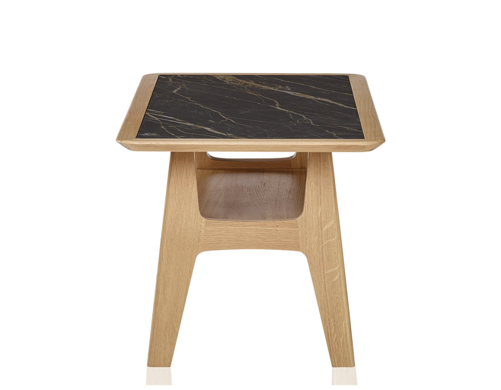 Table basse rectangulaire en chêne et céramique avec bois teinte naturelle plateau céramique effet marbre noir 100x50 cm