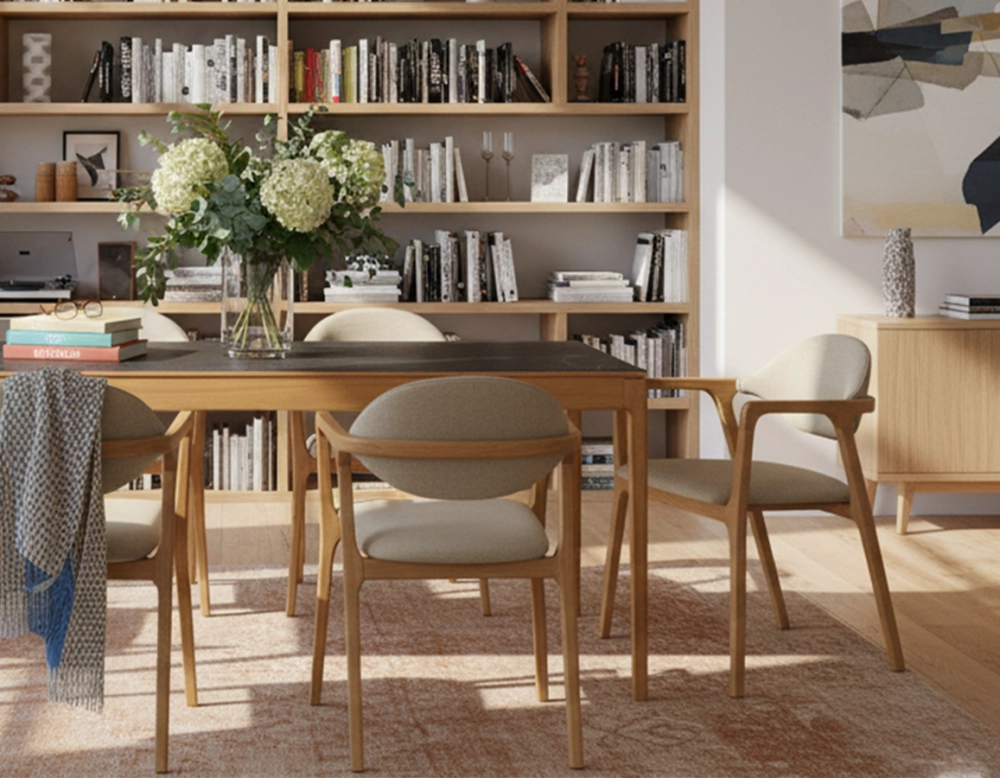 Chaise design avec accoudoirs bois teinte naturelle et tissu camel