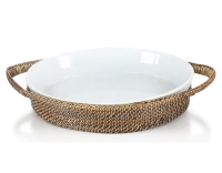 Plat porcelaine ovale avec support en fleur de rotin petit modèle