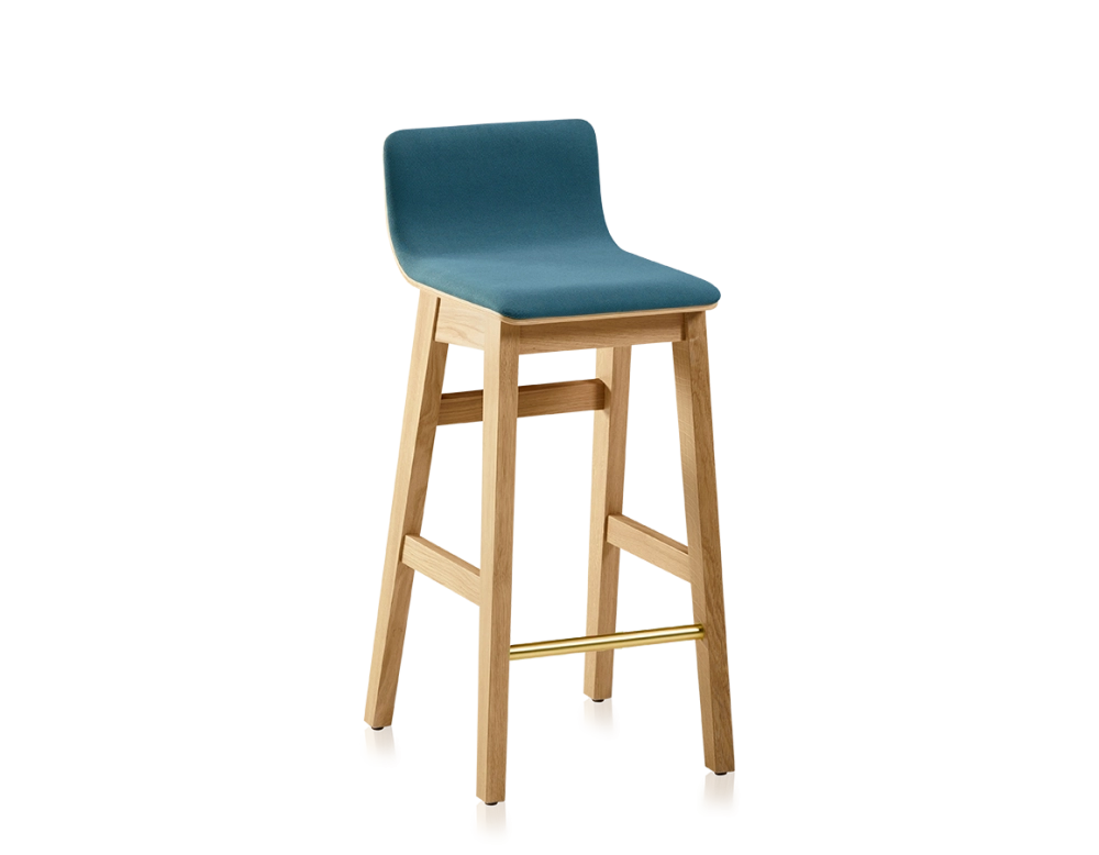 Tabouret de bar en chêne H60 cm bois teinte naturelle assise tissu bleu océan