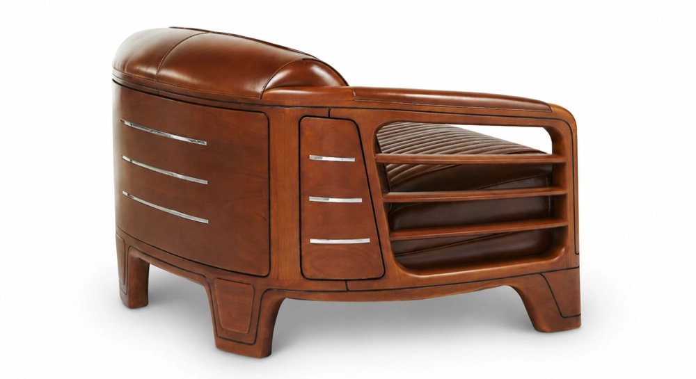 Sofá club de madera y piel de 2 plazas marron vintage