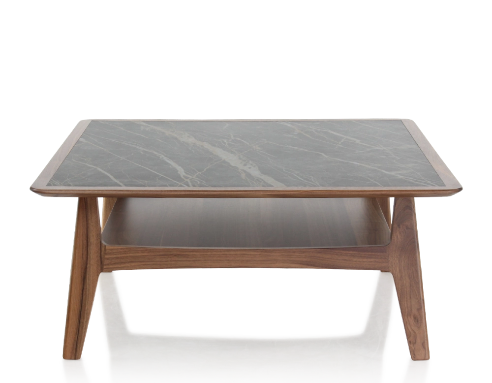 Table basse carré en noyer et céramique bois teinte naturelle plateau céramique effet marbre noir 100x100 cm