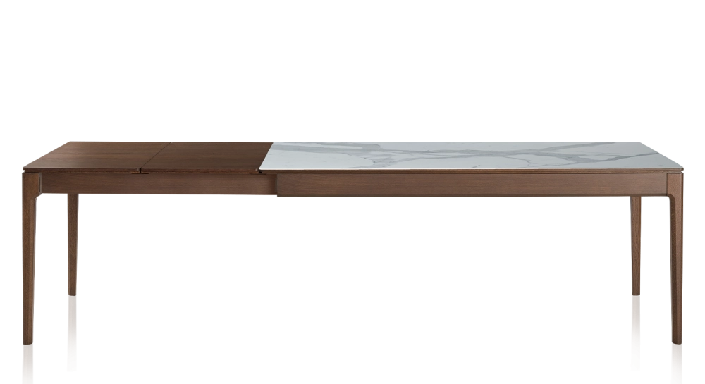Table extensible 6 à 10 personnes en chêne et céramique allonges bois avec bois teinte marron foncé et plateau céramique effet marbre blanc 140x90 cm