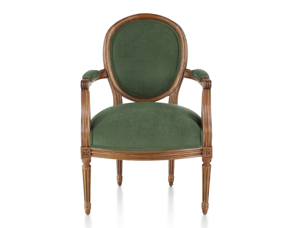 Sillón antiguo estilo Luis XVI madera con tinte envejecido y tejido verde oscuro