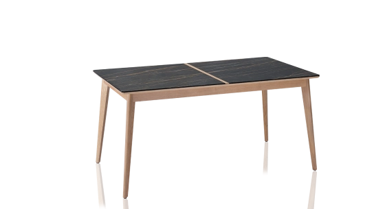 Table extensible 8 à 12 personnes en chêne et céramique allonges bois avec bois teinte naturelle et plateau céramique effet marbre noir 210x100 cm
