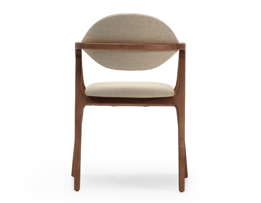 Chaise design avec accoudoirs bois teinte marron foncé et tissu taupe