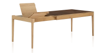 Extendable table for 6 to 10 people in oak and ceramic with wooden extensions with natural stained wood and oxidised brown ceramic top 140x90 cm