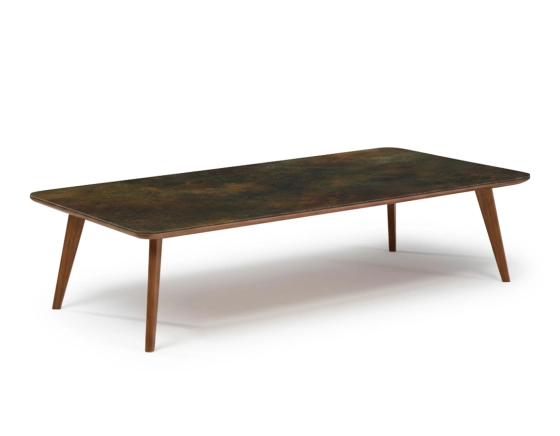 Table basse rectangulaire F7 en noyer et céramique bois teinte naturelle et céramique brun oxydé 140x80x40 cm