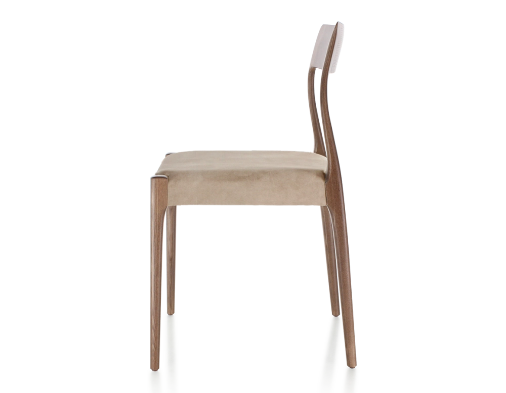 Scandinavian chair dark brown stained wood, light taupe velvet seat