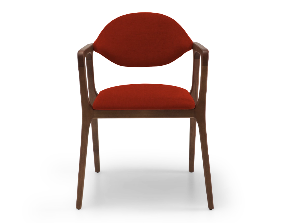 Designer armchair dark brown stained wood and burnt orange fabric