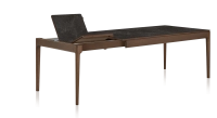 Table extensible en chêne et céramique 6 à 10 personnes allonges céramique avec bois teinte marron foncé et plateau et allonges céramique effet ardoise 140x90 cm