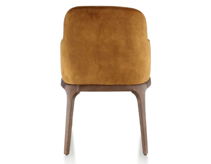 Chaise design avec accoudoirs bois teinte marron foncé et tissu velours bronze