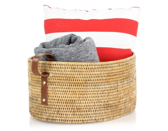 Panier de rangement en rotin naturel anses en cuir moyen modèle