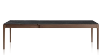 Table extensible en chêne et céramique 6 à 10 personnes allonges céramique avec bois teinte marron foncé et plateau et allonges céramique effet ardoise 140x90 cm