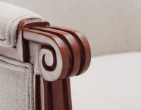 Fauteuil bergère mouluré style Louis XVI bois teinte ancienne et tissu beige naturel