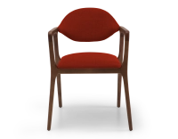 Designer armchair dark brown stained wood and burnt orange fabric