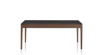 Table extensible 6 à 10 personnes en chêne et céramique allonges bois avec bois teinte marron foncé et plateau céramique effet marbre noir 140x90 cm