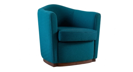 Fauteuil club tissu tissu bleu socle bois teinte noyer
