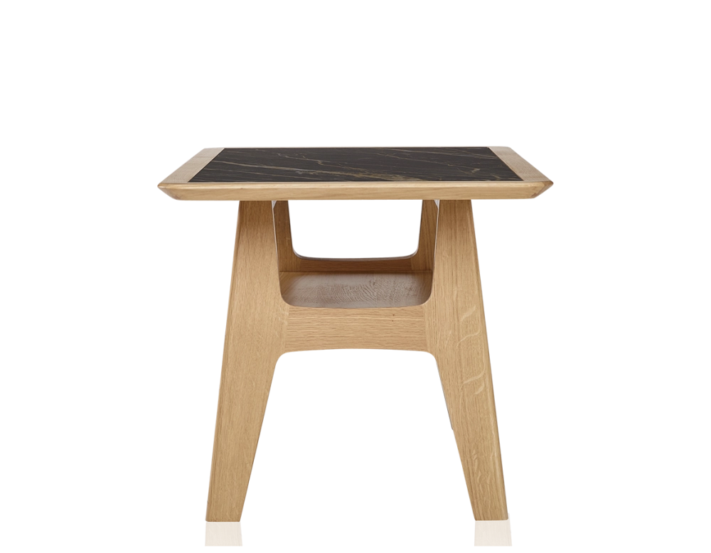 Table basse rectangulaire en chêne et céramique avec bois teinte naturelle plateau céramique effet marbre noir 100x50 cm