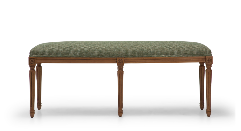 Louis XVI style antique bench wood antique stain and green mottled fabric.
