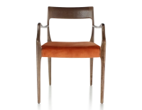 Chaise scandinave avec accoudoirs bois teinte marron foncé assise tissu velours terracotta