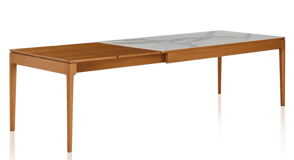 Mesa extensible de 6 a 10 personas de roble y cerámica con extensiones de madera con madera tinte cerezo y tablero cerámico efecto mármol blanco 140x90 cm