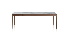 Table extensible en chêne et céramique 6 à 10 personnes allonges céramique avec bois teinte marron foncé et plateau et allonges céramique effet marbre blanc 140x90 cm
