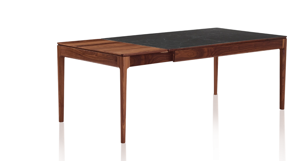 Extending table for 6 to 10 people in walnut and ceramic with wooden extensions with natural wood stain and slate effect ceramic top 140x90 cm