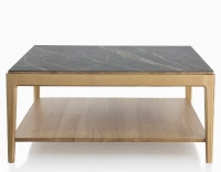 Square coffee table in oak and ceramic with shelf in natural stained wood, black marble effect ceramic top 100x100 cm