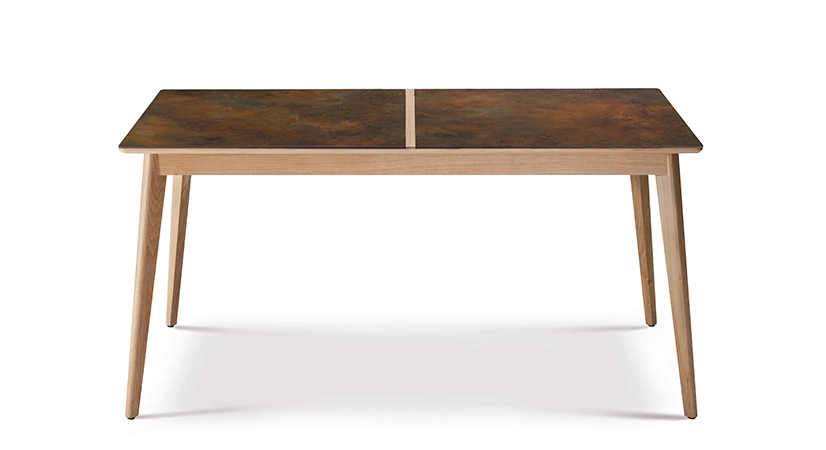 Extendable table for 8 to 12 people in oak and ceramic with wooden extensions with natural stained wood and oxidised brown ceramic top 180x100 cm