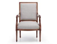 Fauteuil ancien style Louis XVI bois teinte ancienne et tissu pied de poule blanc et taupe