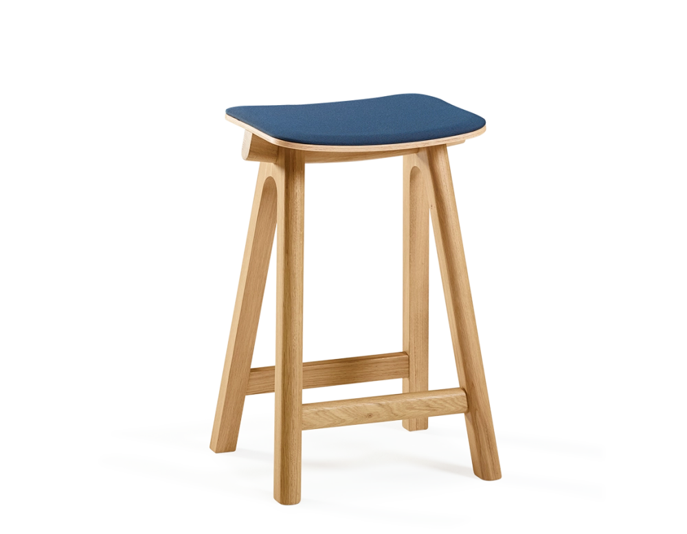 Tabouret de bar en chêne tapissé H60 cm bois teinte naturelle assise bleu marine