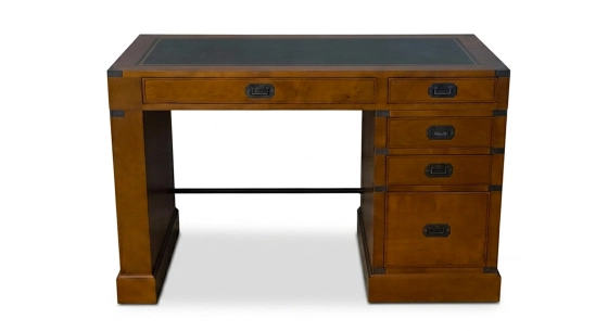 Bureau marine simple caisson 5 tiroirs bois teinte merisier et cuir vert