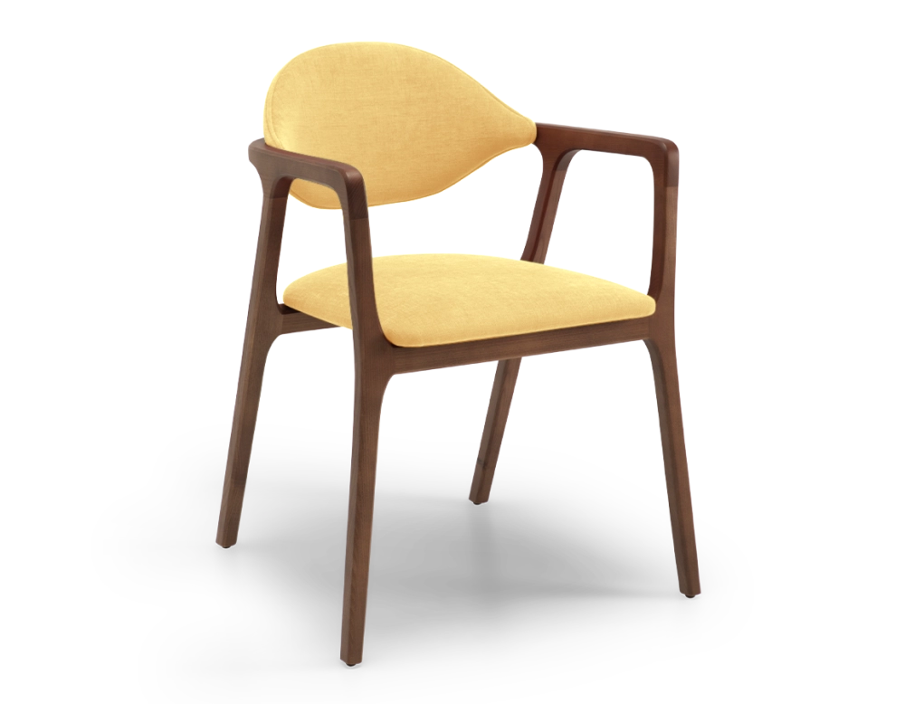 Chaise design avec accoudoirs bois teinte marron foncé et tissu jaune