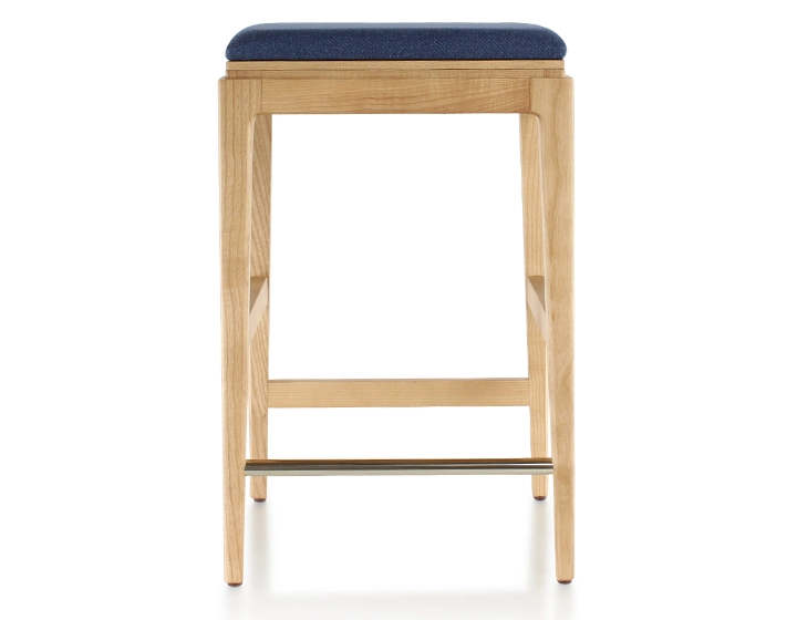 H60 cm designer bar stool natural tint wood, navy blue fabric seat
