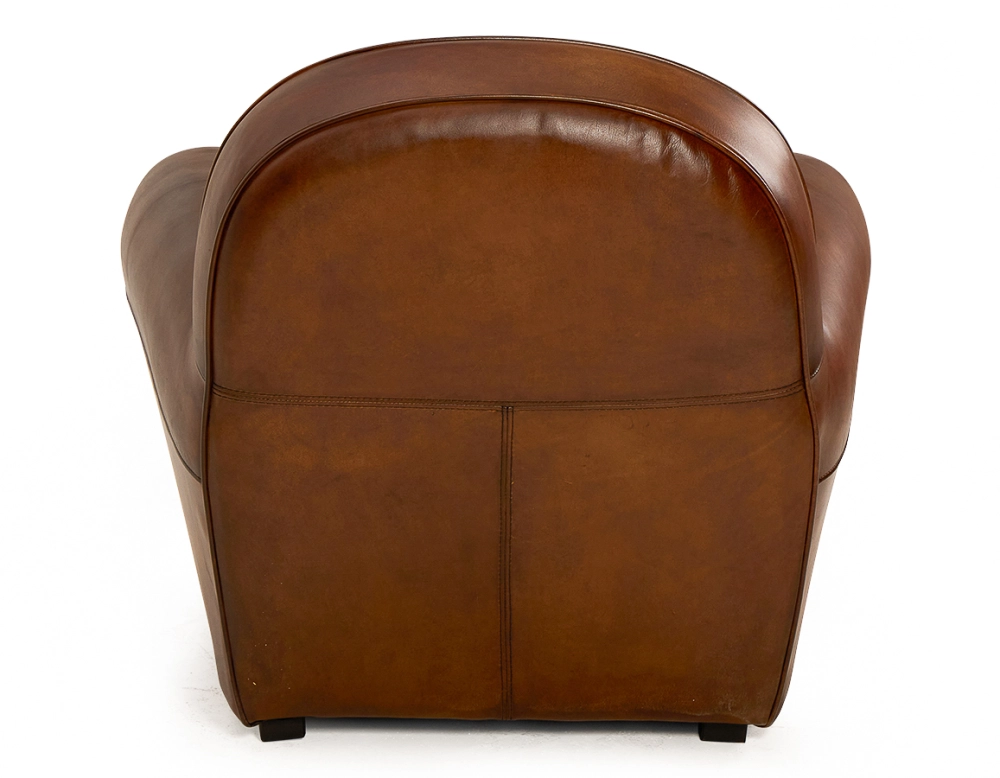 Fauteuil club cuir marron vintage accoudoirs passepoil