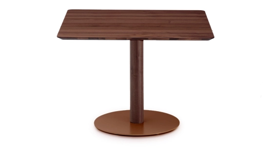 Table bistrot plateau en noyer, colonne en noyer, pied métal brun