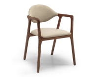 Chaise design avec accoudoirs bois teinte marron foncé et tissu taupe