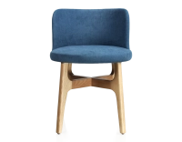 Designer chair natural tint wood, denim blue fabric seat