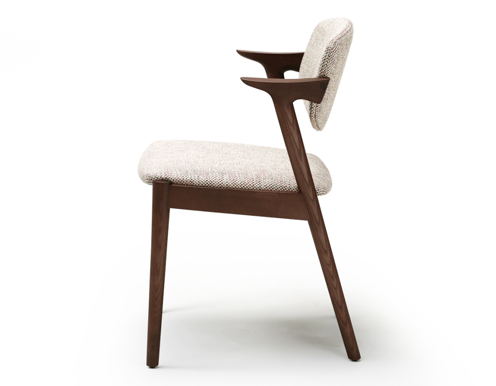 Scandinavian chair dark brown stained wood with fusion fabric seat.