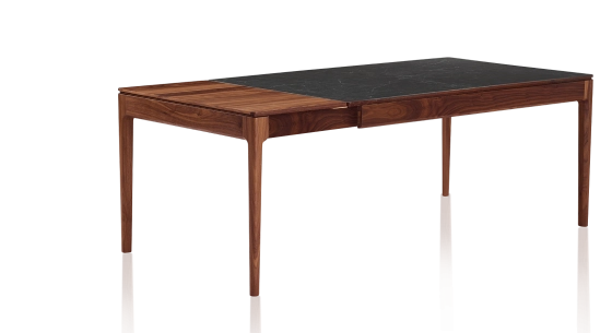Table extensible 6 à 10 personnes en noyer et céramique allonges bois avec bois teinte naturelle et plateau céramique effet ardoise 160x100 cm