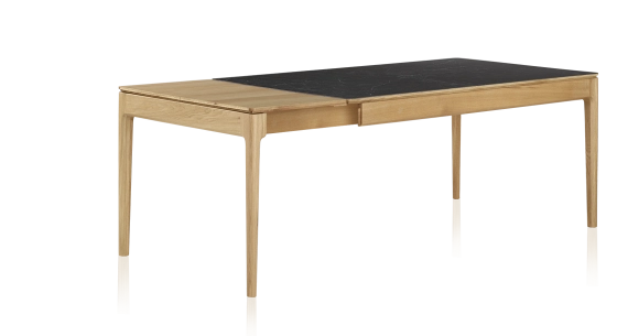 Table extensible 8 à 12 personnes en chêne et céramique allonges bois avec bois teinte naturelle et plateau céramique effet ardoise 210x100 cm