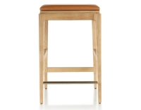 H60 cm designer bar stool natural tint wood, caramel leather seat